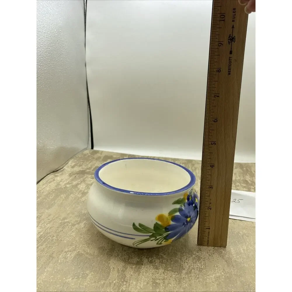 Vintage Hand Painted Rice/Soup Bowl 5” Diameter Blue & Yellow Floral Design